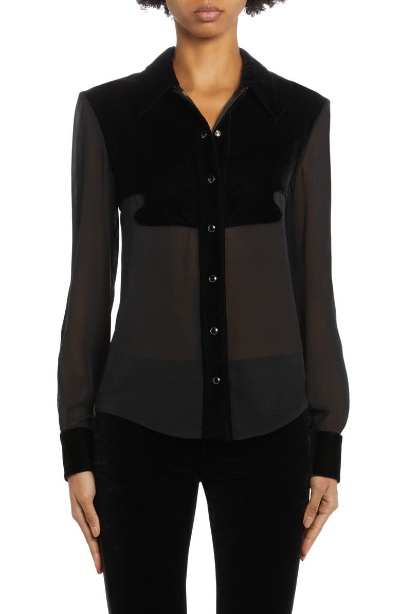 TOM FORD Velour & Silk Stretch Georgette Shirt, Main, color, 