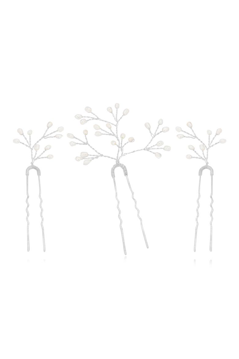 Beryl Set of 3 Imitation Pearl Hair Pins, Alternate, color, SILVER