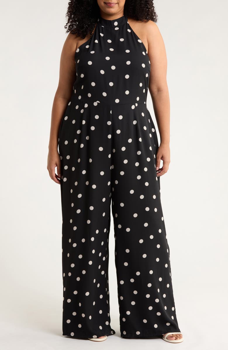 SUGARLIPS Kaline Polka Dot After Hours Halter Jumpsuit, Main, color, Ivory-Black-Dot