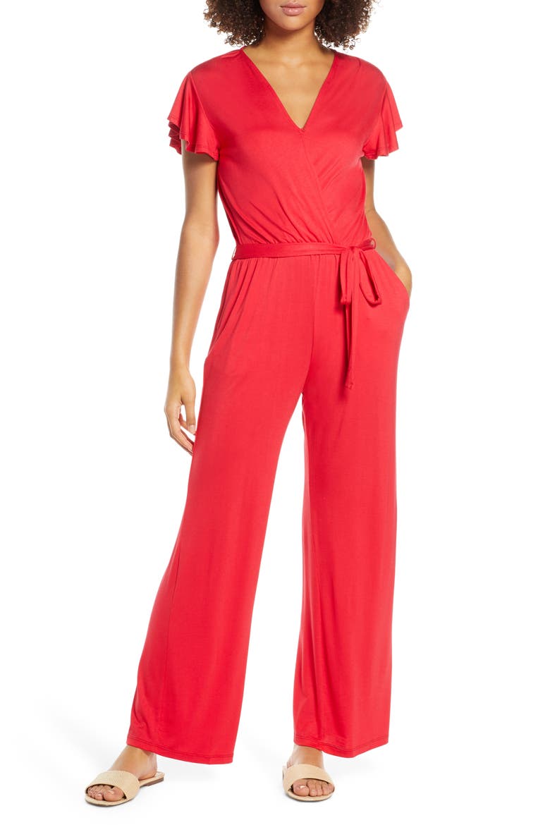 Flutter Sleeve Jumpsuit, Main, color, RED