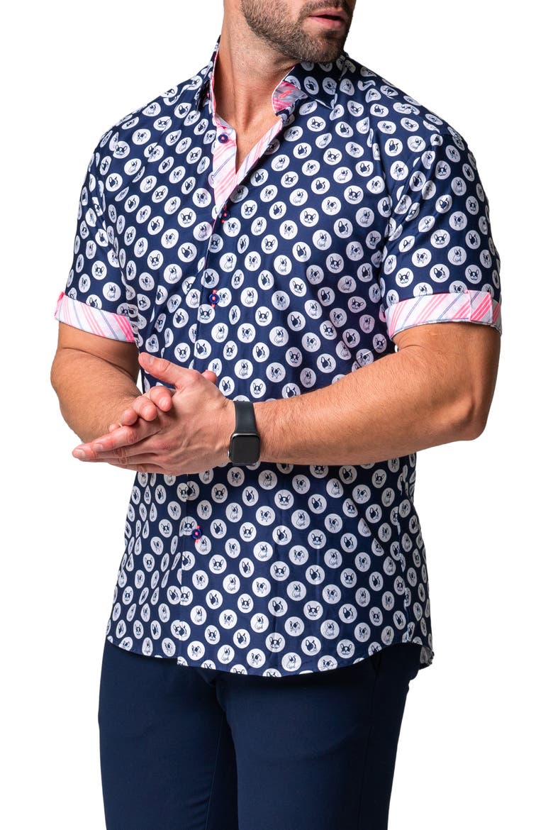 Galileo Dogdot Blue Stretch Short Sleeve Button-Up Shirt, Alternate, color, BLUE
