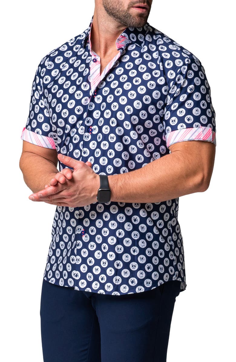 Maceoo Galileo Dogdot Blue Stretch Short Sleeve Button-Up Shirt, Alternate, color, Blue