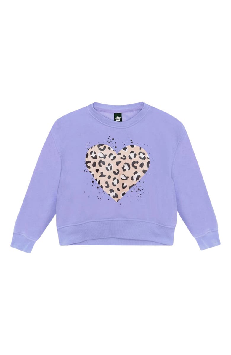 PixieLane Kids' Cloud Soft Cheetah Heart Graphic Sweatshirt, Main, color, Vintage Iris Leopard Heart