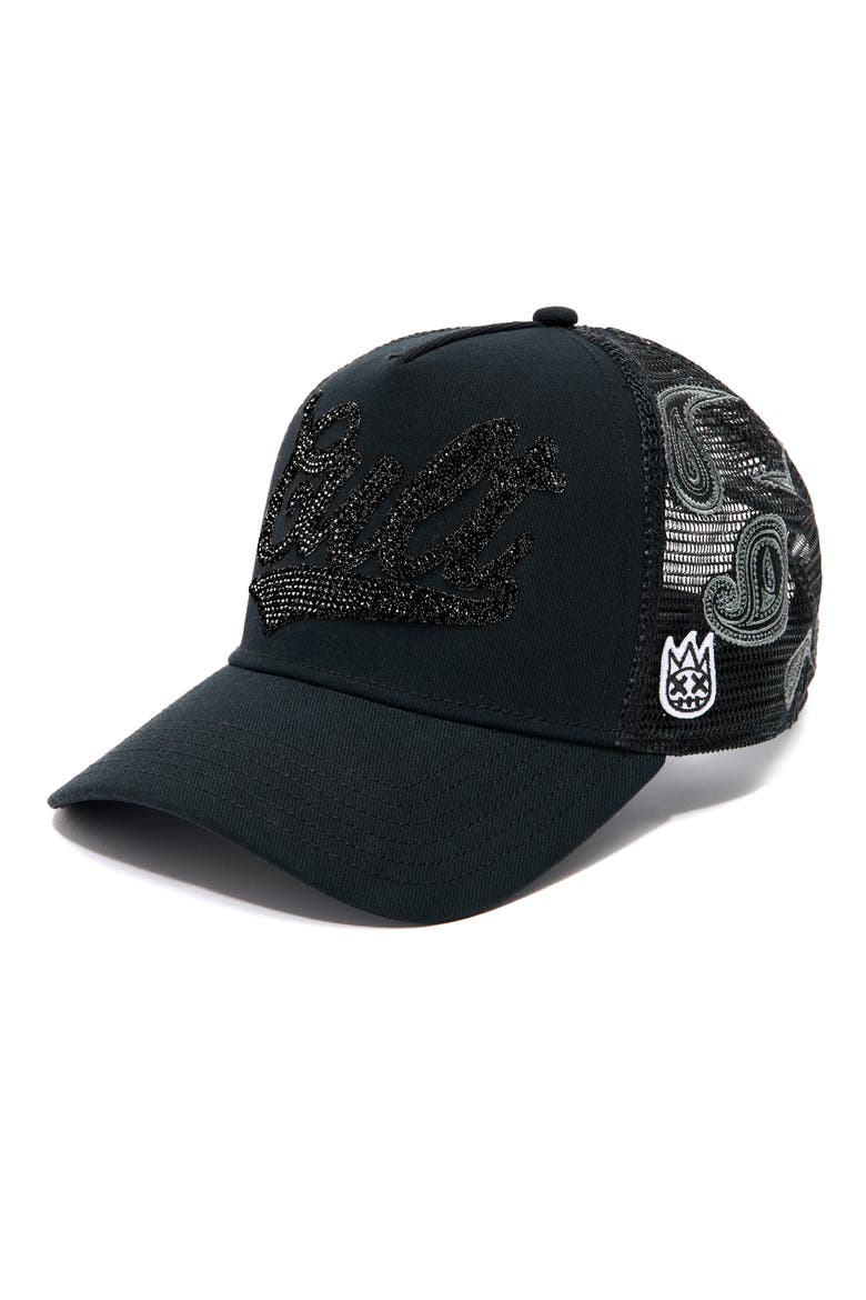 Paisley Crystal Logo Trucker Hat, Main, color, BLACK
