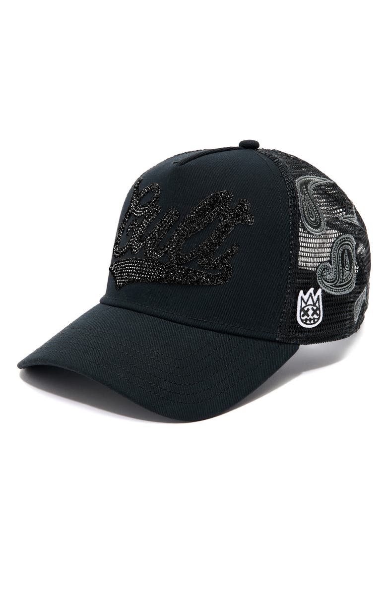 Cult of Individuality Paisley Crystal Logo Trucker Hat, Main, color, Black