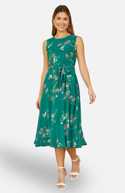 Sleeveless Tie Waist Printed Midi Dress