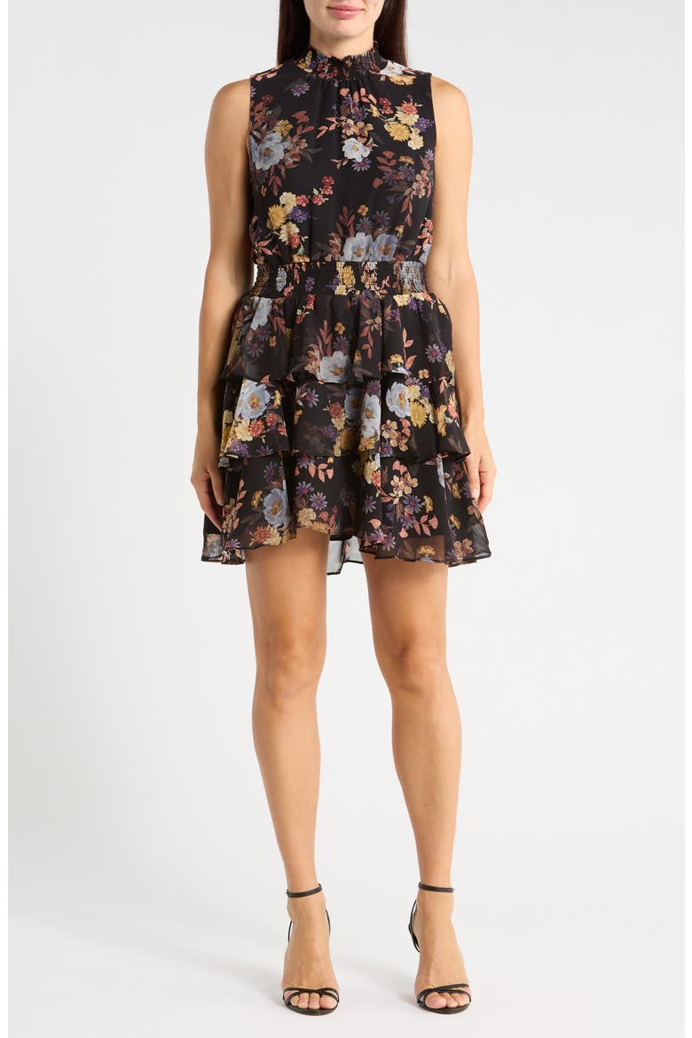 Floral Smocked Waist Tiered Minidress, Main, color, RICH BLACK