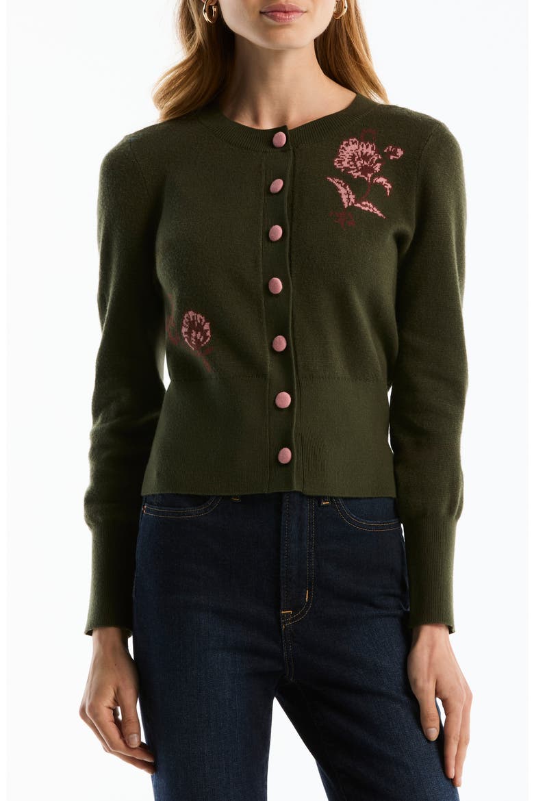 Floral Crewneck Cardigan, Main, color, OLIVE NIGHT