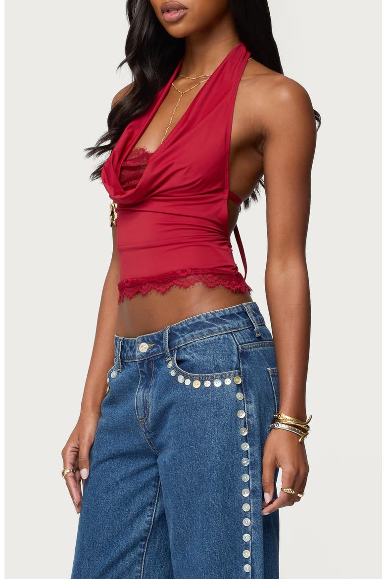 Lacy Cowl Neck Halter Top, Alternate, color, RED