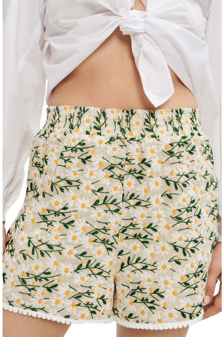 Flora Embroidered Cotton Blend Shorts, Main, color, ECRU