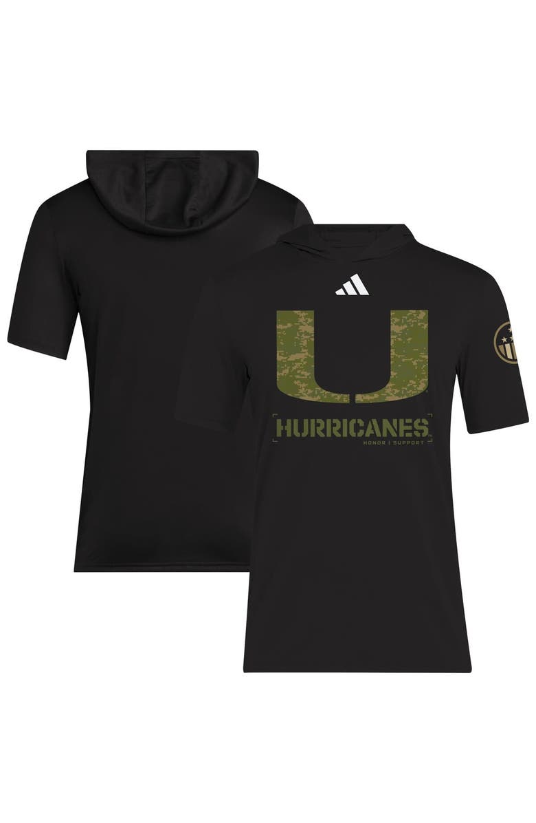 adidas Men's adidas Black Miami Hurricanes 2025 Military Appreciation AEROREADY Hooded T-Shirt, Main, color, Black