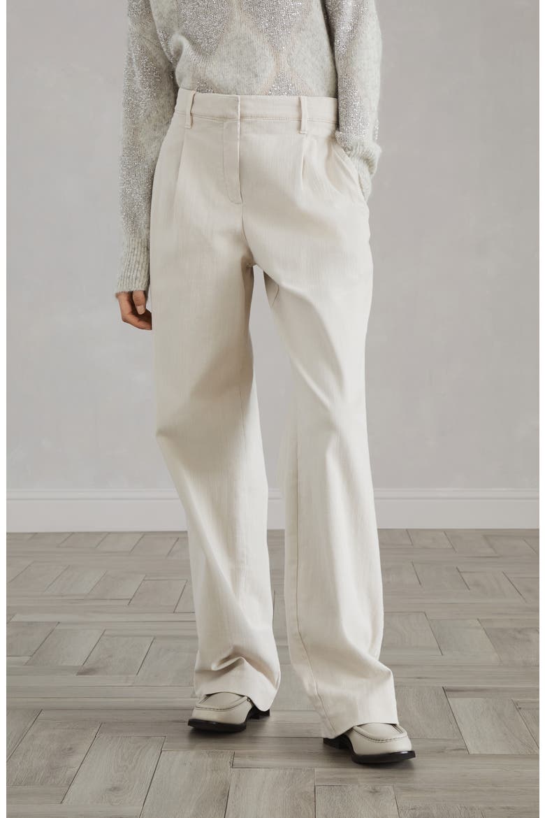 Stretch dyed denim loose straight trousers with monili, Alternate, color, White