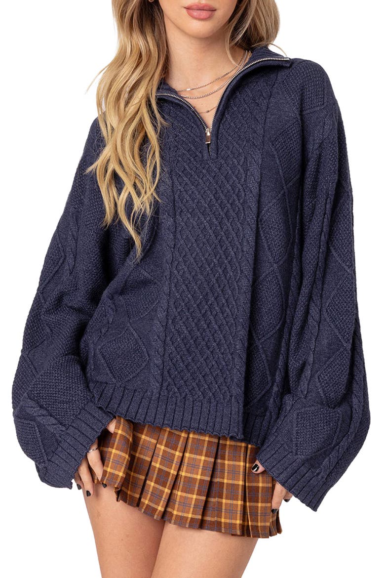 Oversize Cable Stitch Quarter Zip Sweater, Main, color, NAVY