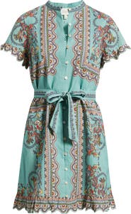 Cleobella Marni Scarf Print Cotton & Linen Mini Shirtdress