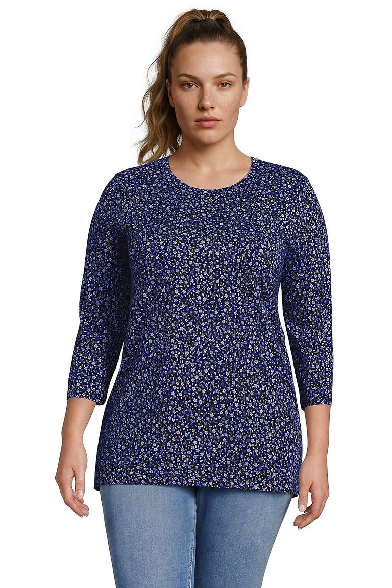 3/4 Sleeve Cotton Supima Tunic, Main, color, Clear Blue/Navy Ditsy Floral