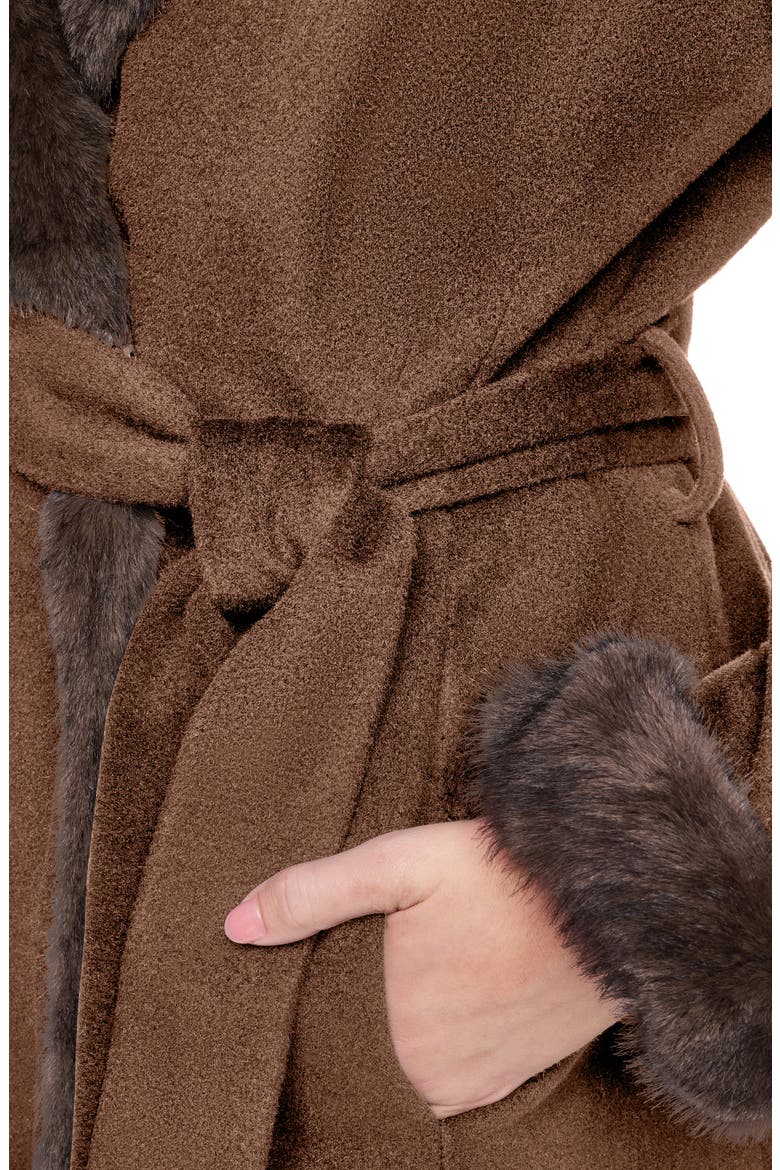 Belted Wool Blend Coat with Faux Fur Trim, Alternate, color, VICUNA