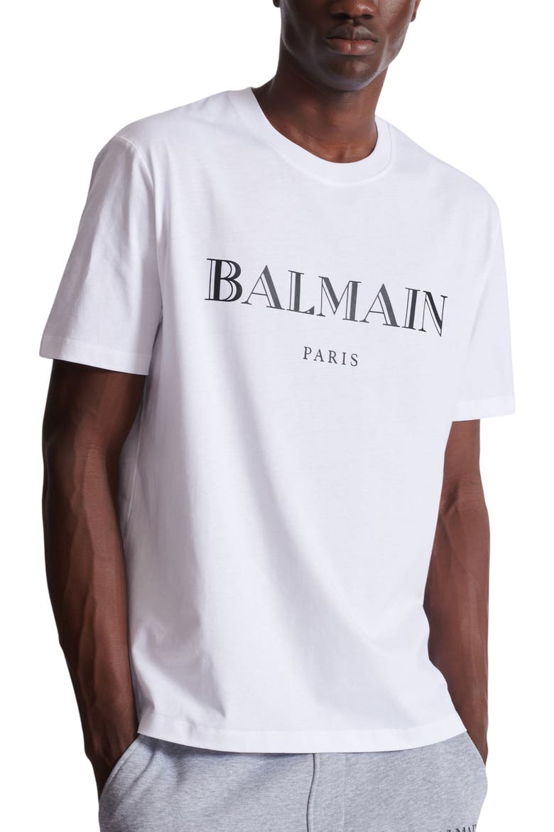 T-Shirt with Balmain Print, Alternate, color, white