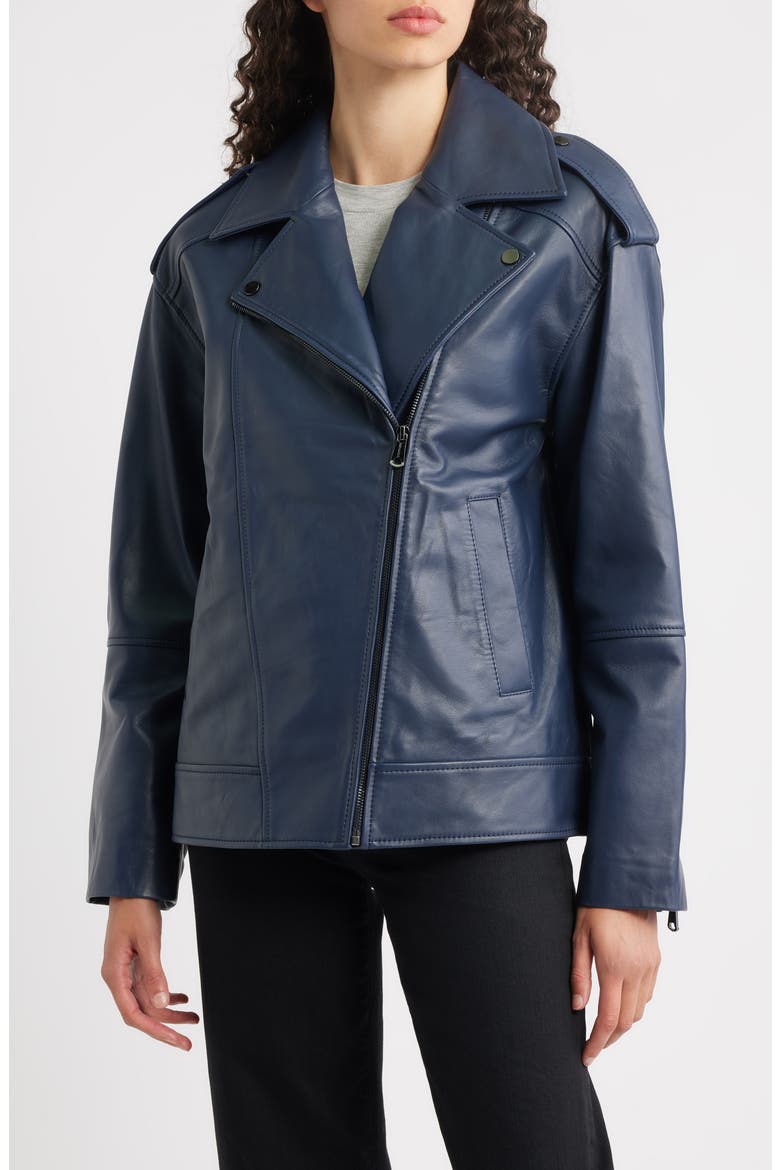 Relaxed Moto Leather Jacket, Main, color, NAVY