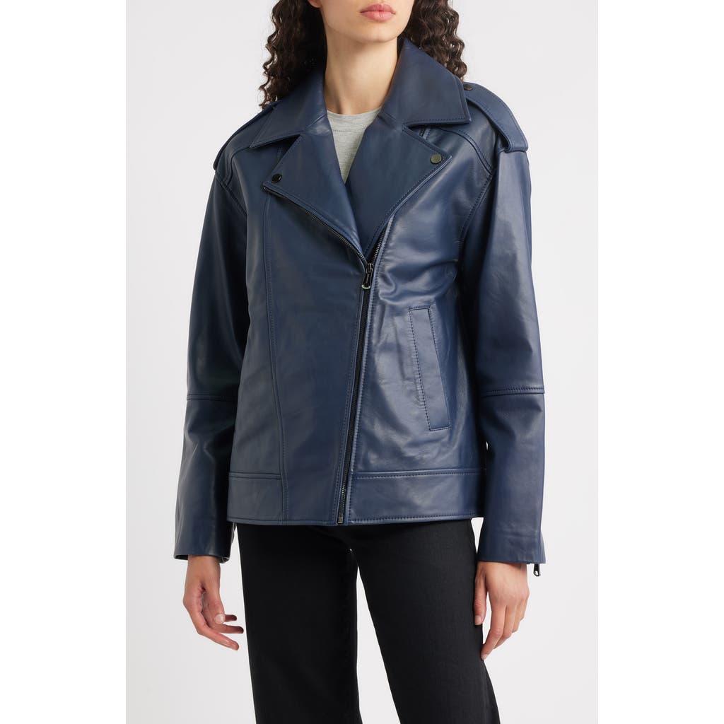 Bernardo Relaxed Moto Leather Jacket In Blue