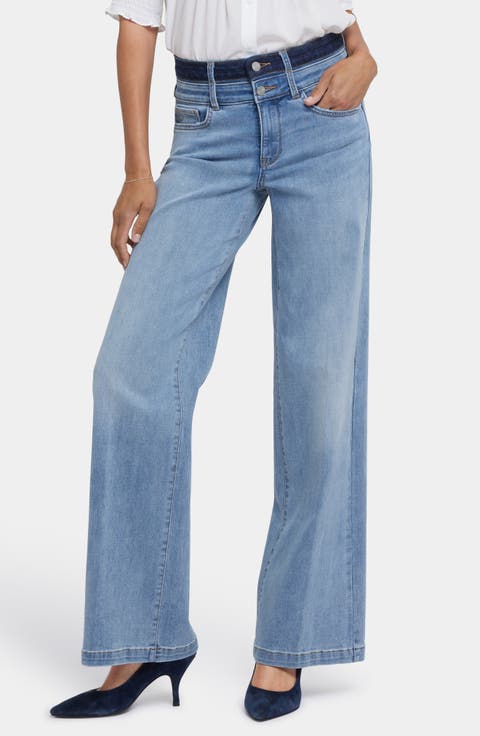 Teresa High Waist Contrast Waistband Wide Leg Jeans (Santiago Sea)