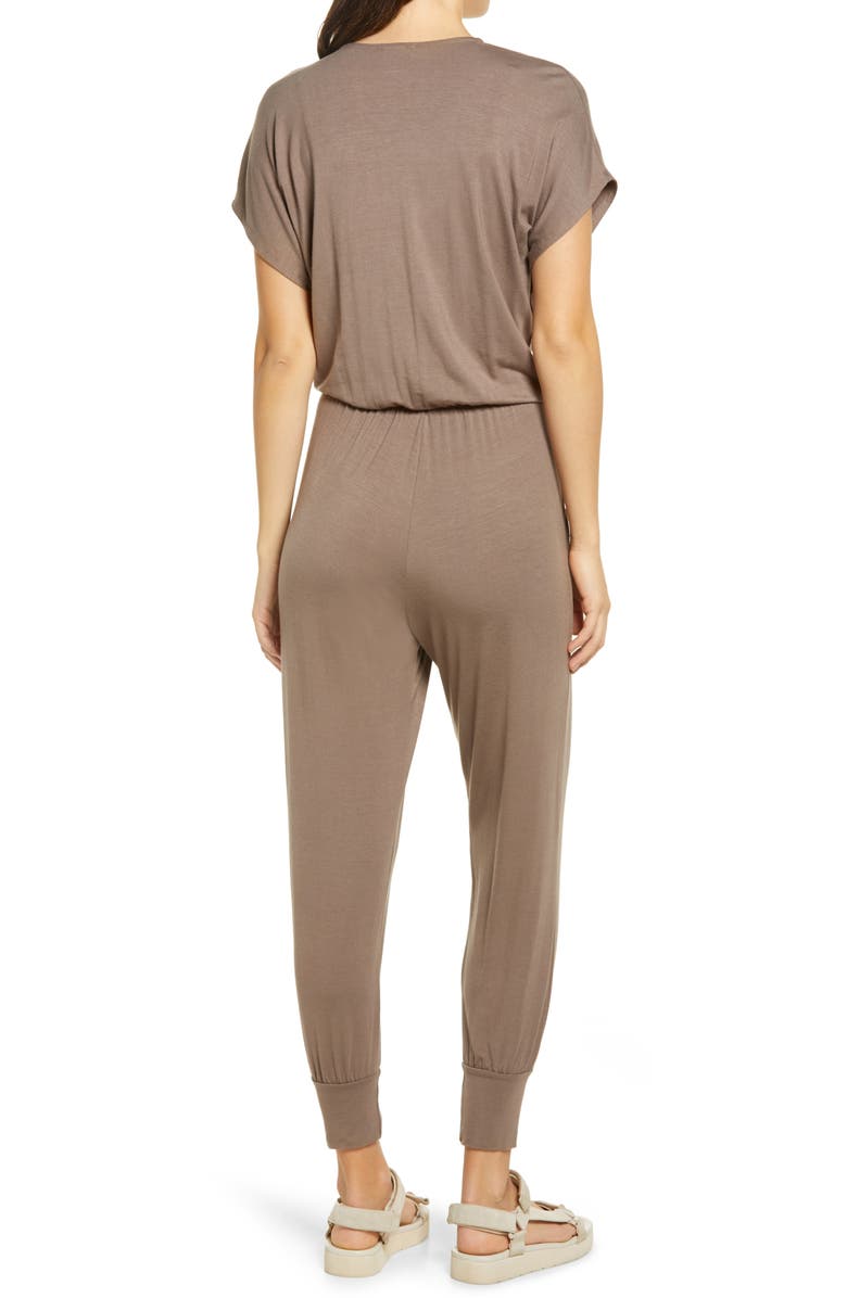 Loveappella Short Sleeve Wrap Top Jumpsuit, Alternate, color, Dark Khaki