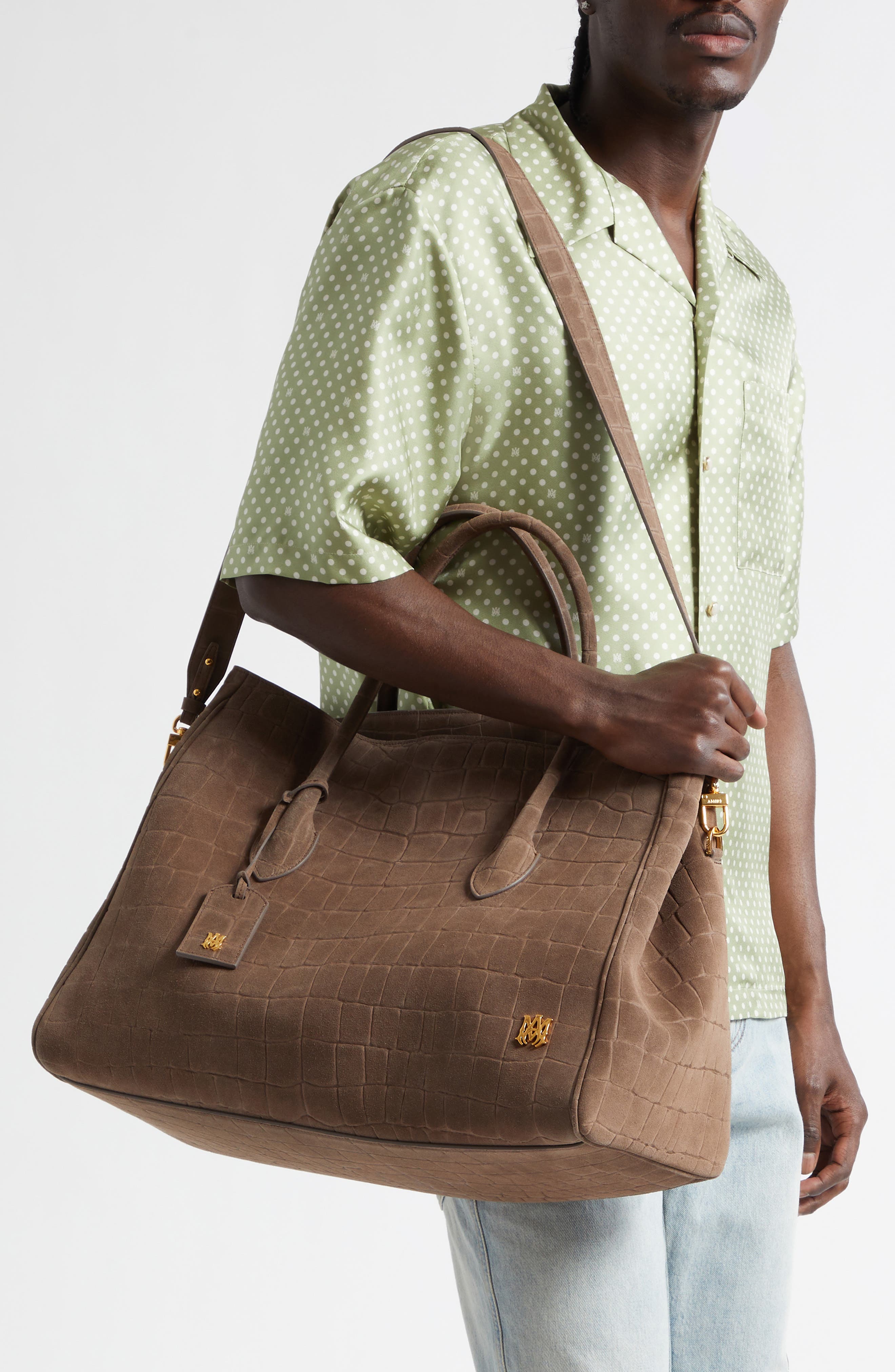 AMIRI Honey 50 Croc Embossed Suede Tote, Alternate, color, Dark Brown