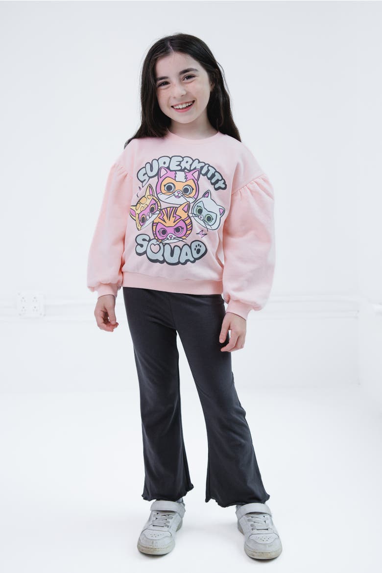 Super Kitties Fleece Sweatshirt and Flare Leggings Set, Alternate, color, Pink Cement Grey