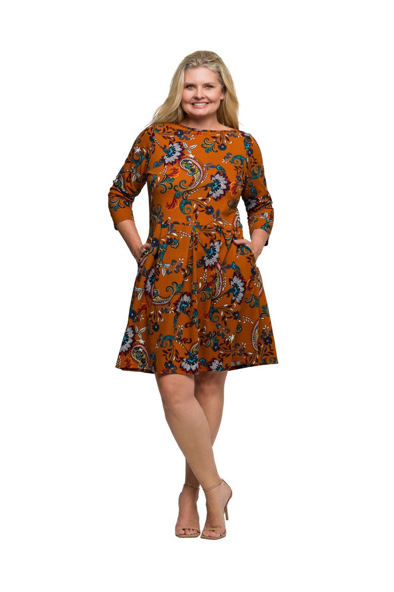 Plus Size Paisley Print Fit Flare Knee Length Dress, Main, color, Orange Multi