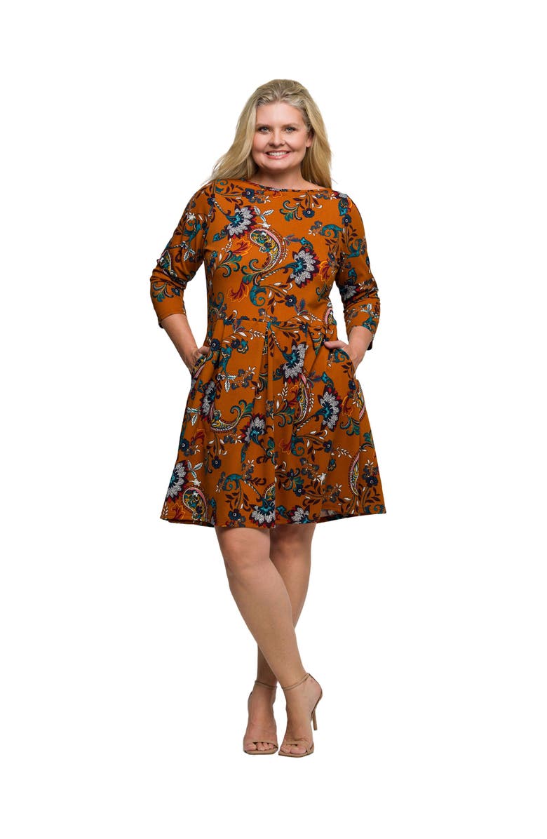 24seven Comfort Apparel Plus Size Paisley Print Fit Flare Knee Length Dress, Main, color, Orange Multi