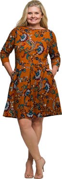 24seven Comfort Apparel Plus Size Paisley Print Fit Flare Knee Length Dress