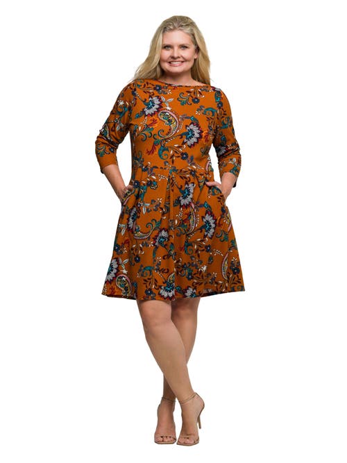 24seven Comfort Apparel Plus Size Rust Paisley Print Fit Flare Knee Length Dress In Multi