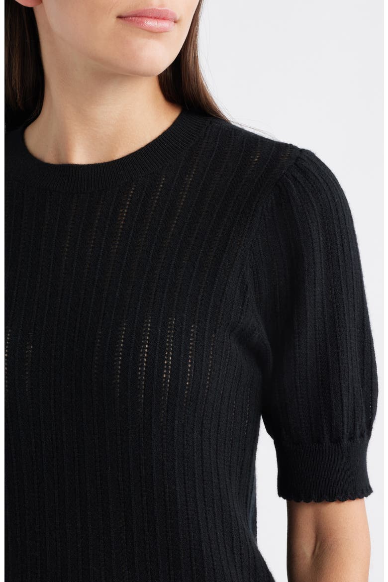 The Ladder Pointelle Short Sleeve Cashmere Sweater, Alternate, color, BLACK