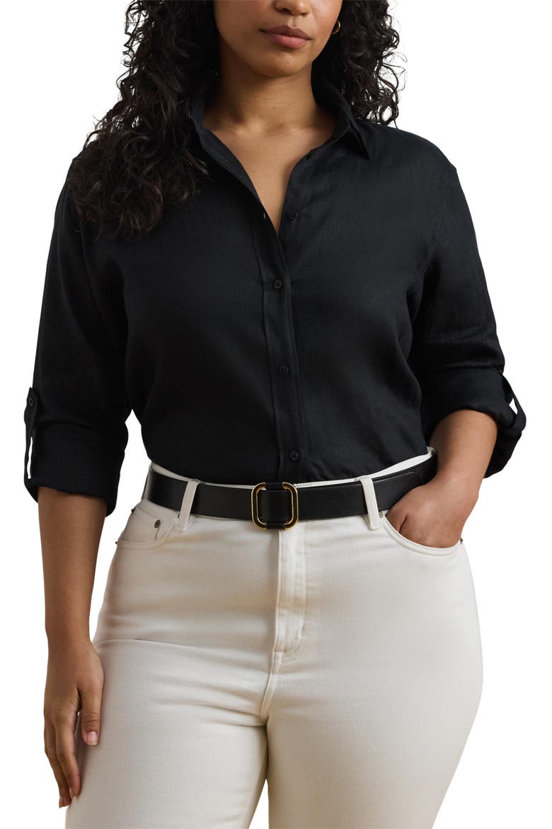 Relaxed Fit Linen Roll Tab Sleeve Shirt, Main, color, BLACK