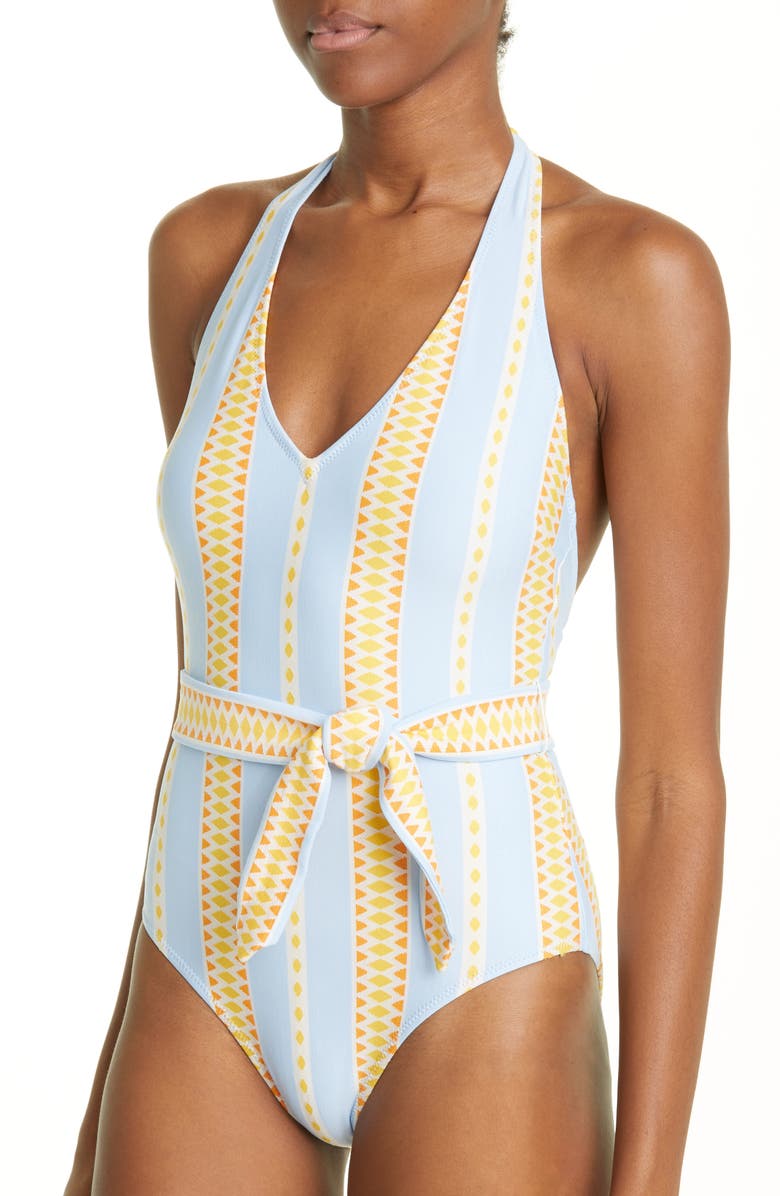 lemlem Jemari Tie Waist One-Piece Swimsuit, Alternate, color, Sky