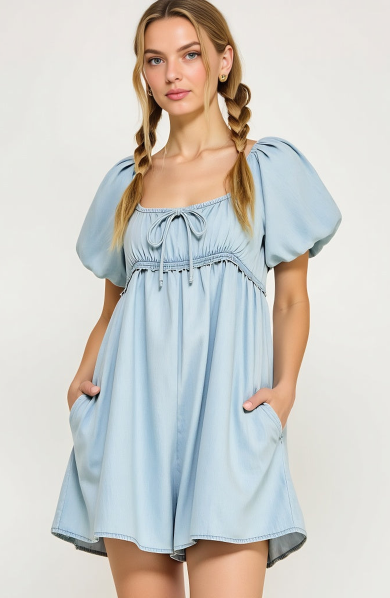 Modenaire Puff Sleeve Romper with Tie Front and Relaxed Flowy Fit, Alternate, color, Light Blue