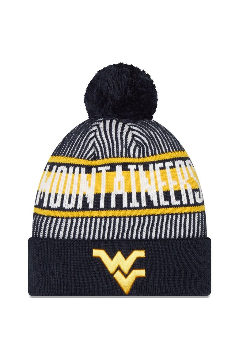 Men's New Era  Navy West Virginia Mountaineers Logo Striped Cuff Knit Hat with Pom, Main, color, Navy