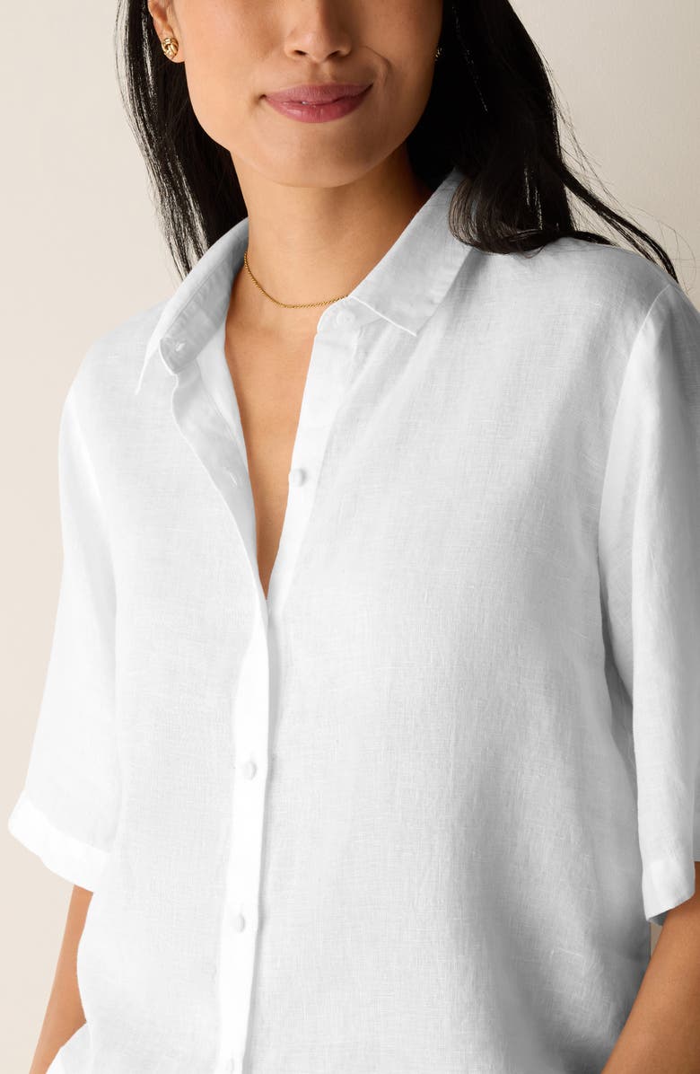 Eileen Fisher Classic Collar Elbow Sleeve Organic Linen Button-Up Shirt, Alternate, color, White