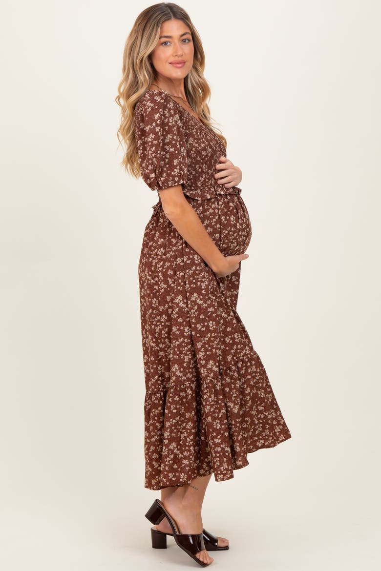 Floral Smocked Short Sleeve Midi Dress, Alternate, color, Brown