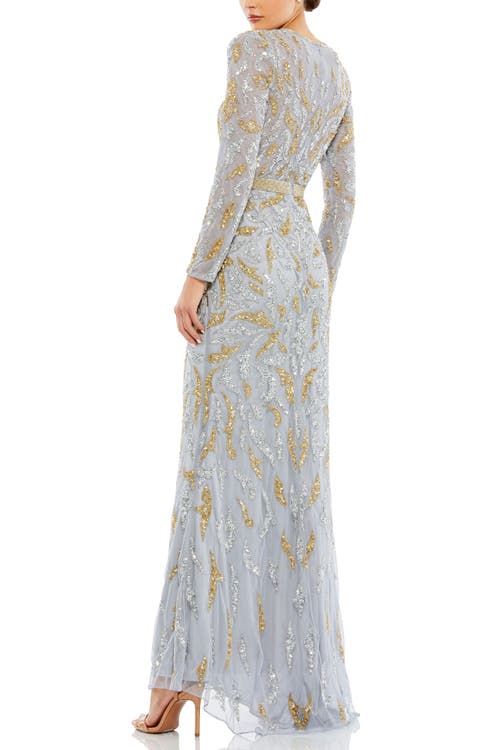 Mac Duggal Beaded Long Sleeve Evening Gown In Platinum Gold