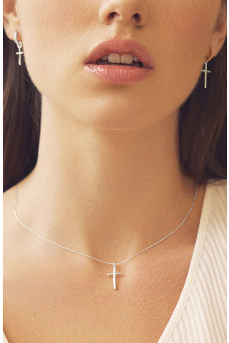 Sterling Silver 18k Gold Plated Ariel Cross Necklace & Mismatching Cross Earrings Set, Alternate, color, Silver