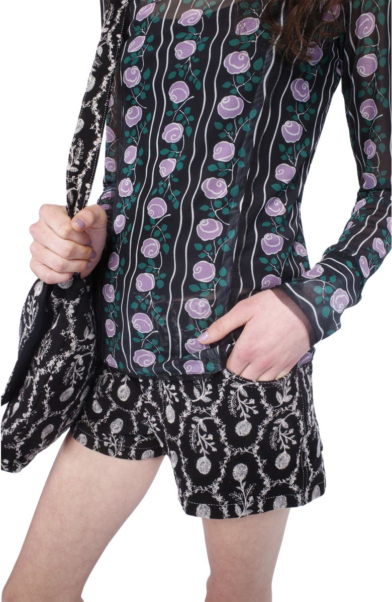 Anna Sui Sleeping Beauty Embroidered Faux Suede Shorts, Alternate, color, Black