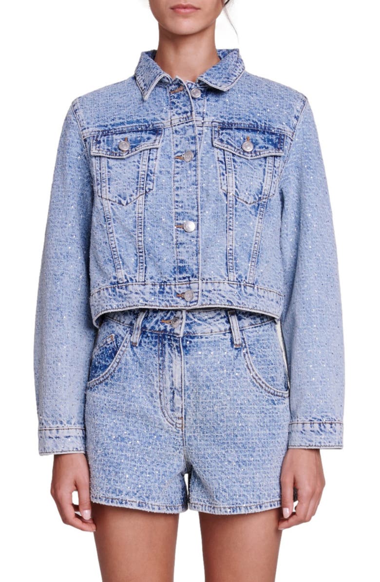 maje Bampokkus Crystal Detail Denim Trucker Jacket, Main, color, 