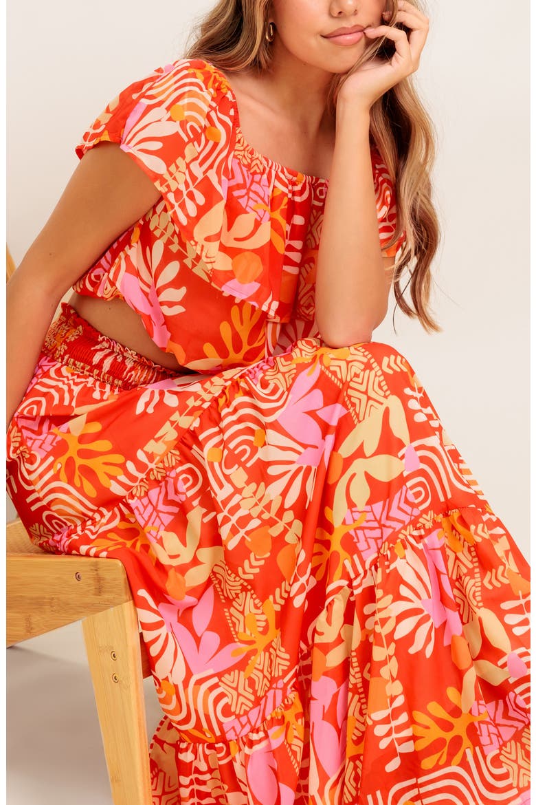 Flutter Sleeve Crop Top & Maxi Skirt Set, Alternate, color, RED