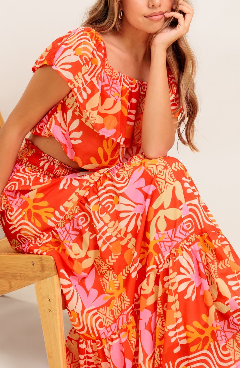 FLYING TOMATO Flutter Sleeve Crop Top & Maxi Skirt Set, Alternate, color, Red