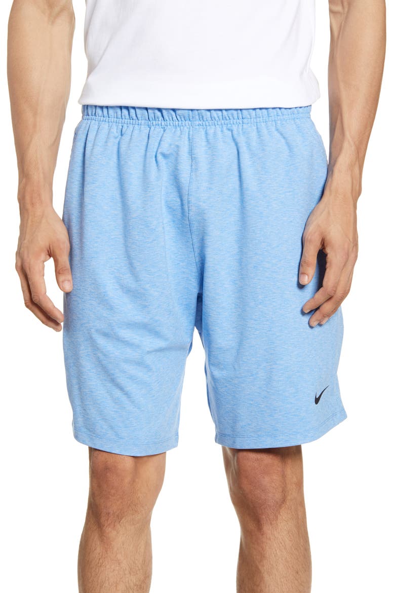 Transcend Dry Yoga Training Shorts, Main, color, PACIFIC BLUE/ HEATHER/ BLACK