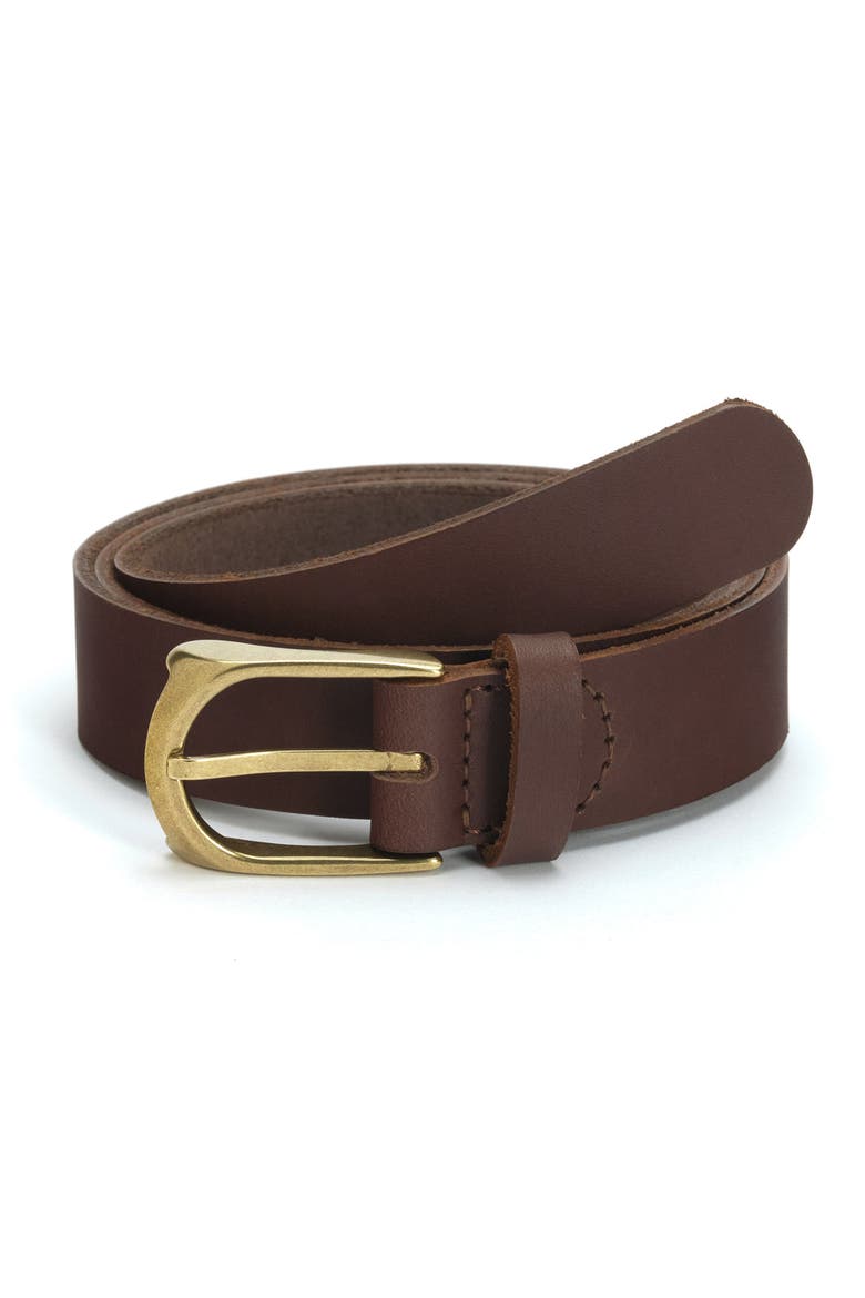 Horseshoe Buckle Leather Belt 30mm, Main, color, Brown and Brass