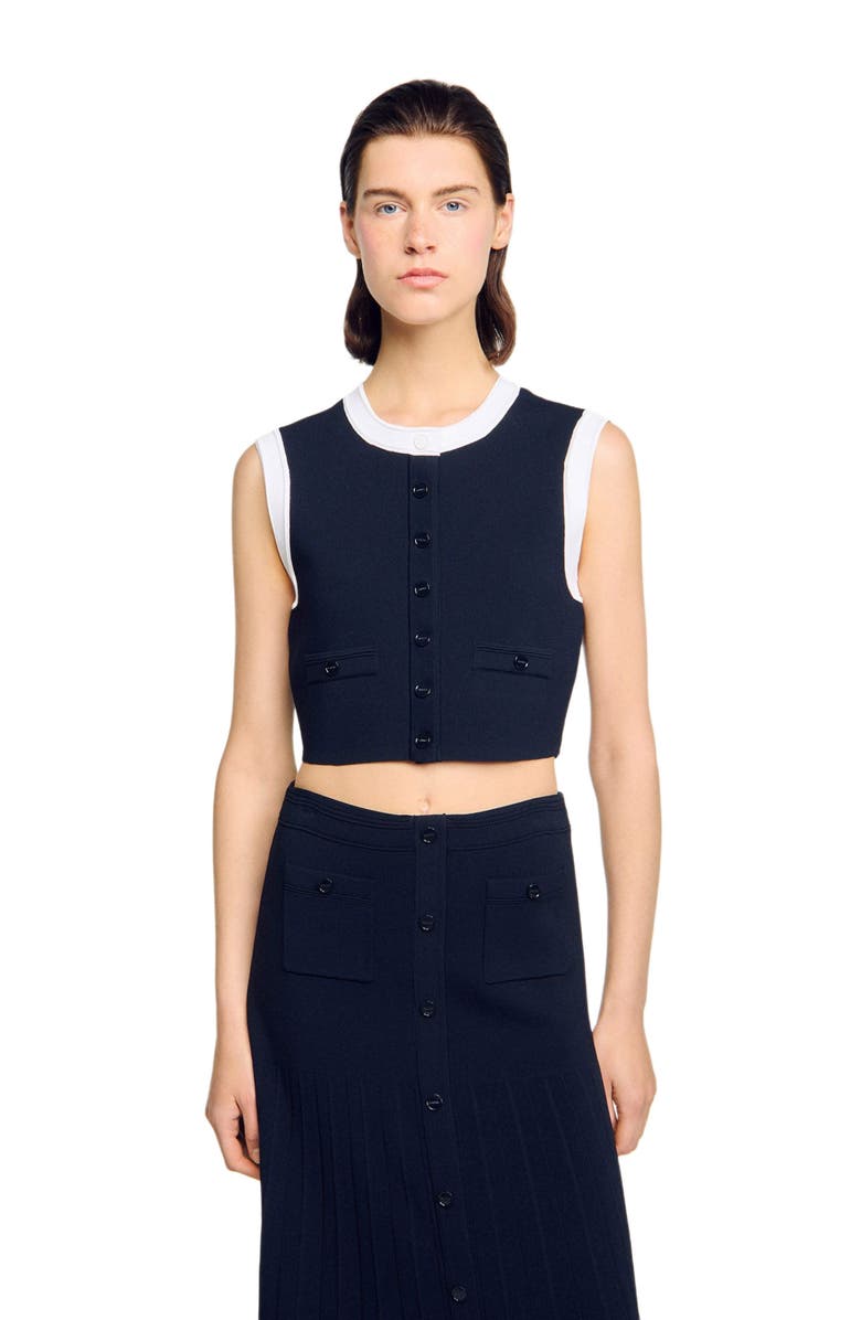SANDRO Two-tone cropped knit top, Alternate, color, Navy Blue