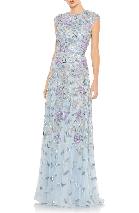 Sequined High Neck Cap Sleeve A Line Gown