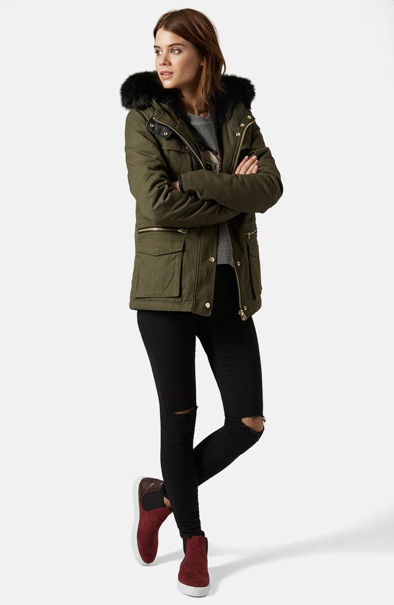 Topshop 'Walter' Hooded Cotton Parka with Faux Fur Trim, Alternate, color, 
