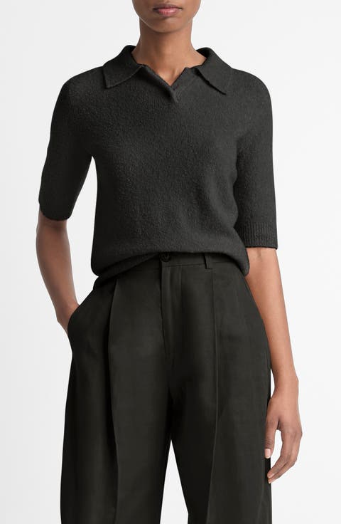 Bouclé Short Sleeve Silk Blend Polo Sweater